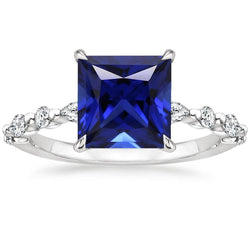 Bague Diamants Ronds & Poire Avec Saphir Bleu Taille Princesse 5.25 Carats