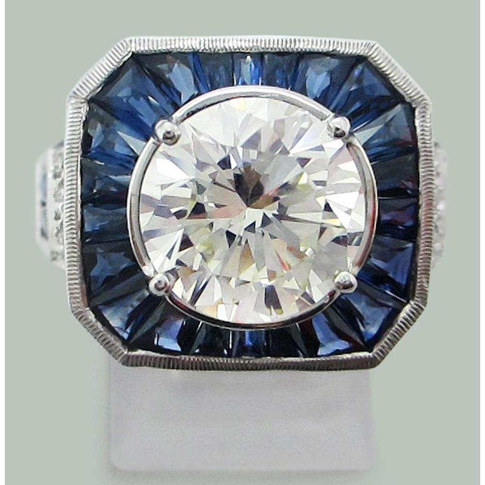 Bague Diamants Ronds & Saphir du Sri Lanka 6.50 Carats Or Blanc 14K - HarryChadEnt.FR