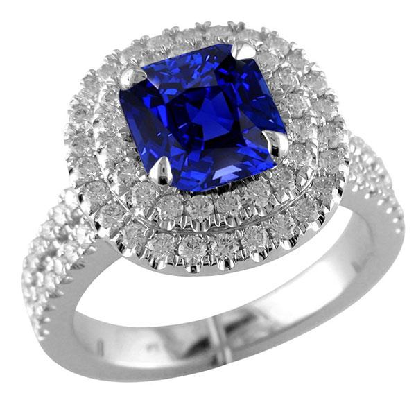 Bague Double Halo Coussin Bleu Saphir Pave Split Tige 4.50 Carats - HarryChadEnt.FR