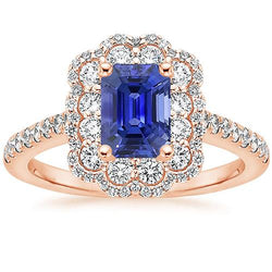 Bague Double Halo Emeraude Saphir Sri Lanka & Diamant 5 Carats