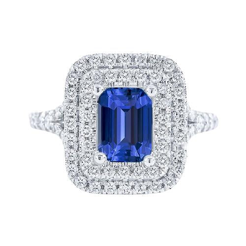 Bague Double Halo Forme Émeraude Saphir Bleu Naturel 4 Carats - HarryChadEnt.FR