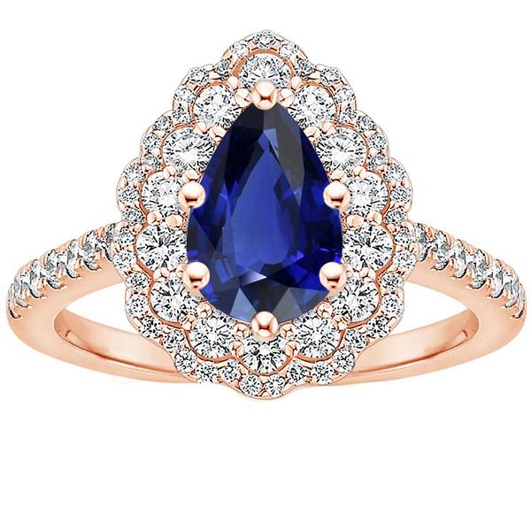 Bague Double Halo Or Rose Style Fleur Poire Saphir Ceylan 4 Carats - HarryChadEnt.FR