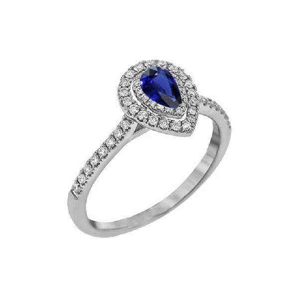 Bague Double Halo Poire Saphir Bleu Or 14K Diamants 2.50 Carats - HarryChadEnt.FR