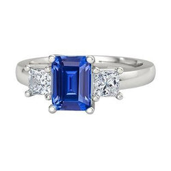 Bague Emeraude 3 Pierres Saphir Ceylan & Diamants Princesse 1.75 Carats