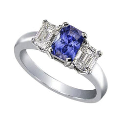 Bague Émeraude Diamant 3 Pierres 2 Carats Saphir Bleu Radiant Cut Or