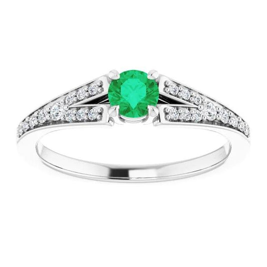 Bague Émeraude Verte Ronde Tige Fendue 1.75 Carats Or Blanc 14K - HarryChadEnt.FR