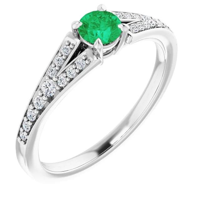 Bague Émeraude Verte Ronde Tige Fendue 1.75 Carats Or Blanc 14K - HarryChadEnt.FR