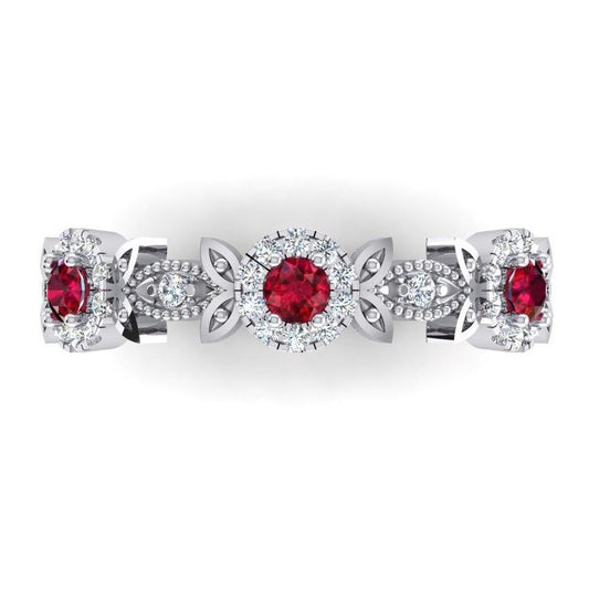 Bague Éternité Ronde Rubis Rouge Et Diamants 1 Carat Millgrain 5 mm De Large - HarryChadEnt.FR