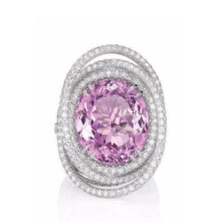 Bague Fantaisie Diamant Kunzite Ovale Rose 34 Carats Bijoux En Or Blanc 14K