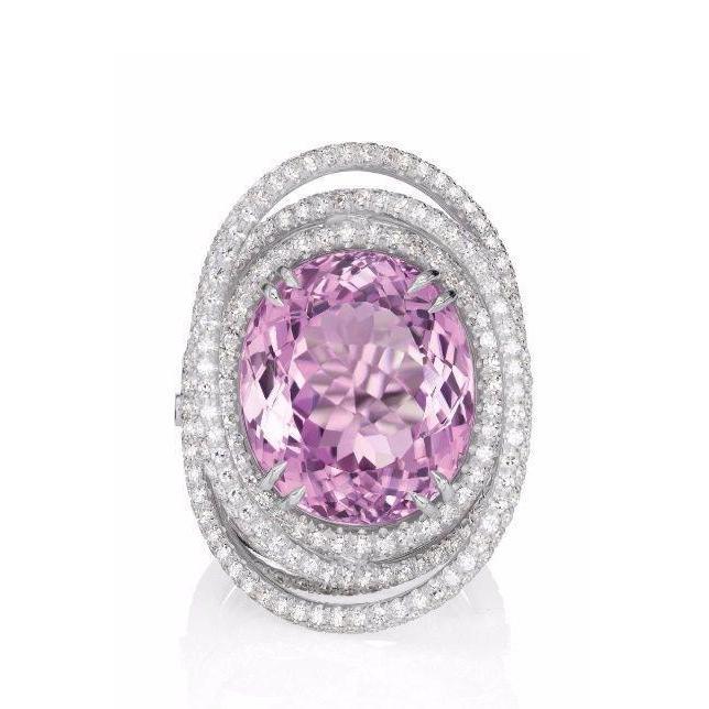 Bague Fantaisie Diamant Kunzite Ovale Rose 34 Carats Bijoux En Or Blanc 14K - HarryChadEnt.FR