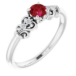 Bague Fantaisie Diamant Rond Rubis 1.40 Carats Or Blanc 14K
