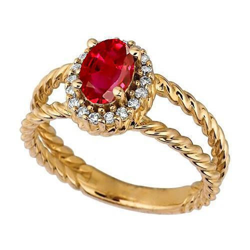 Bague Fantaisie Diamant Rond & Rubis Ovale 1.25 Carats Or Jaune 14K - HarryChadEnt.FR