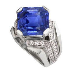 Bague Fantaisie Diamant Saphir Bleu 4.50 Carats Asscher & Or Taille Ronde