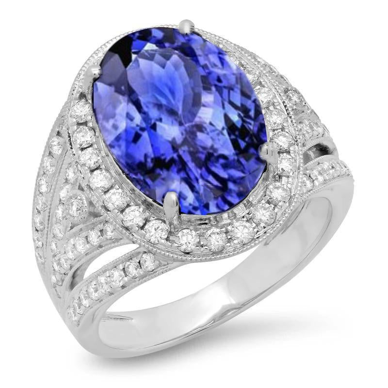Bague Fantaisie Tanzanite Ovale Centre 6.55 Carats Or Blanc 14K - HarryChadEnt.FR