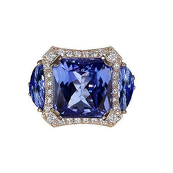 Bague Fantaisie Tanzanite Radiante Et Diamants Ronds 6.75 Carats Or