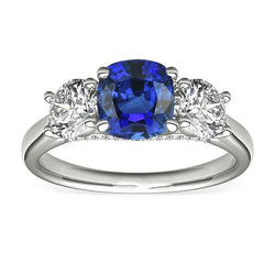 Bague Femme 3 Pierres Coussin Saphir Bleu & Diamants Ronds 2.50 Carats