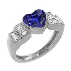 Bague Femme Baguette Diamant Coeur Bleu Saphir Lunette Set 2.50 Carats