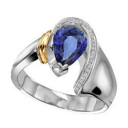 Bague Femme Diamant 2 Carats Taille Poire Bleu SriLankan Saphir Deux Tons