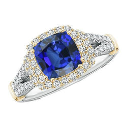 Bague Femme Diamant Bicolore Coussin Bleu Saphir Or 14K 3.25 Carats