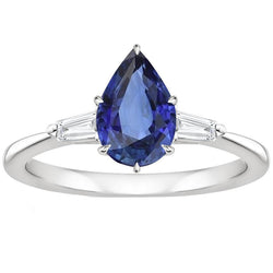 Bague Femme Diamant Poire Saphir Bleu & Baguettes Or 6.75 Carats