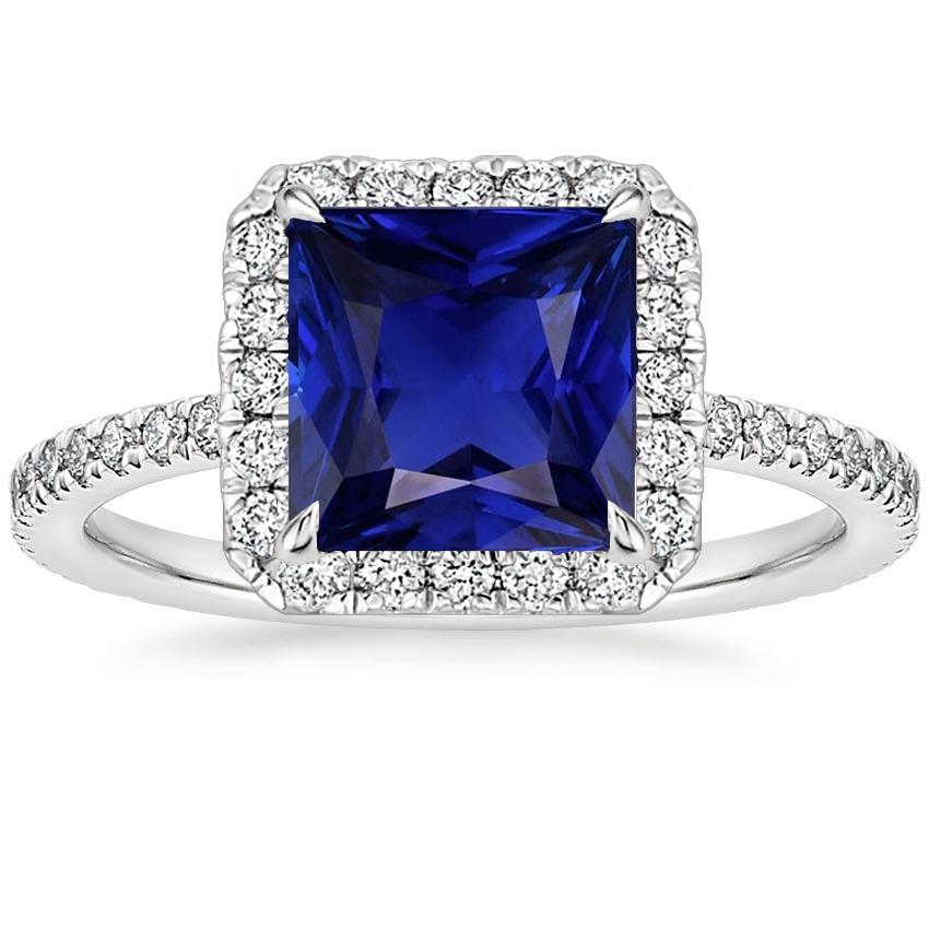 Bague Femme Halo Diamant Princesse Saphir Bleu Centre Or 6.50 Carats - HarryChadEnt.FR