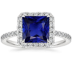 Bague Femme Halo Diamant Princesse Saphir Bleu Centre Or 6.50 Carats