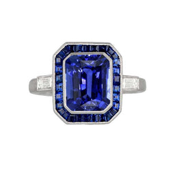Bague Femme Halo Gemme Saphirs Bleus 3.50 Carats Diamants Baguette