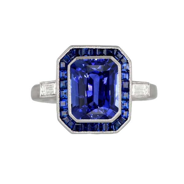 Bague Femme Halo Gemme Saphirs Bleus 3.50 Carats Diamants Baguette - HarryChadEnt.FR