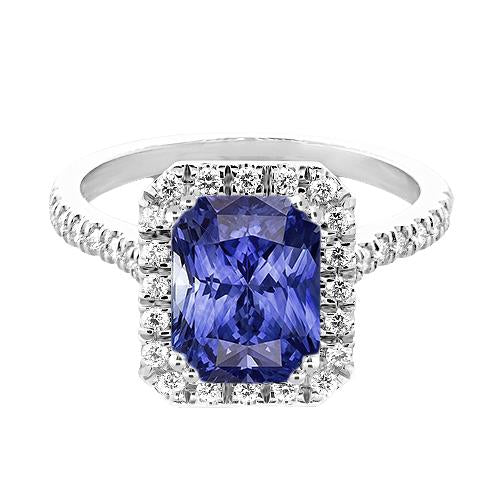 Bague Femme Halo Saphir Bleu Foncé Radiant & Diamants 3.50 Carats - HarryChadEnt.FR
