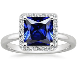 Bague Femme Or Blanc Diamant Halo Princesse Saphir Bleu 5.50 Carats