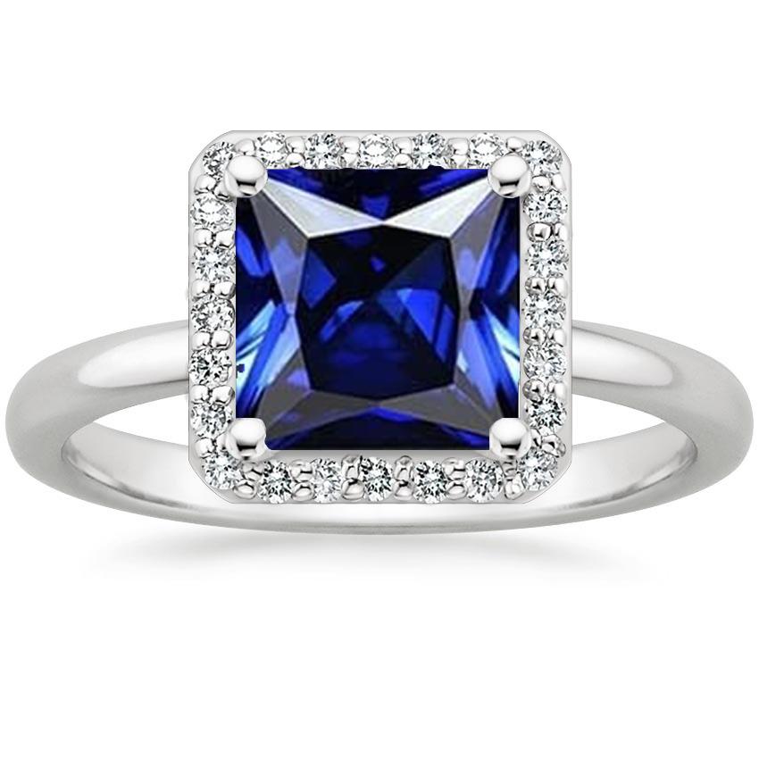 Bague Femme Or Blanc Diamant Halo Princesse Saphir Bleu 5.50 Carats - HarryChadEnt.FR