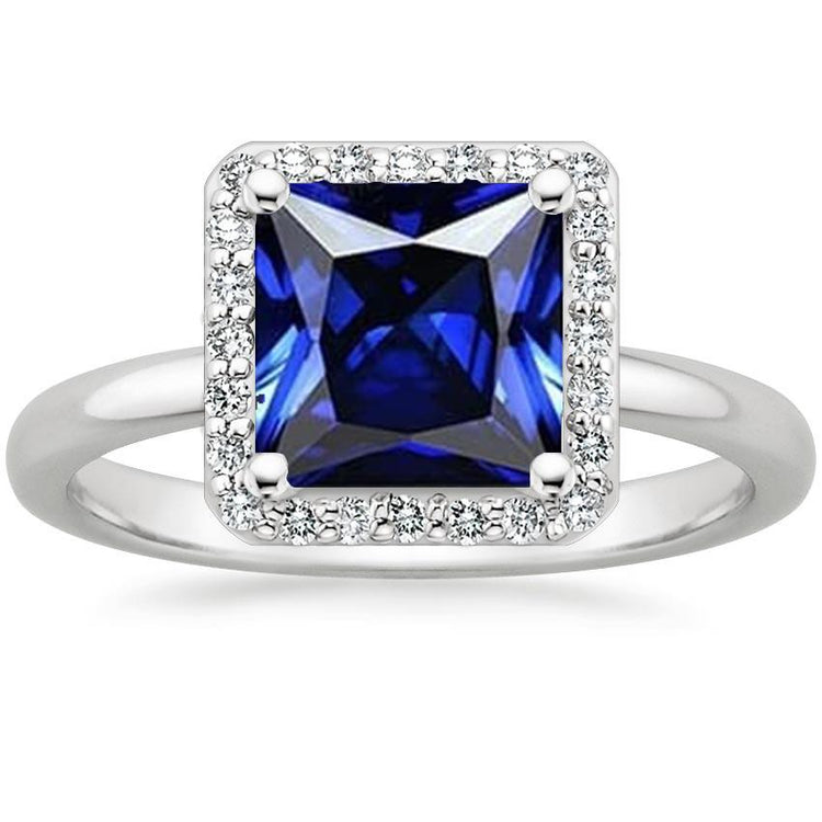 Bague Femme Or Blanc Diamant Halo Princesse Saphir Bleu 5.50 Carats - HarryChadEnt.FR