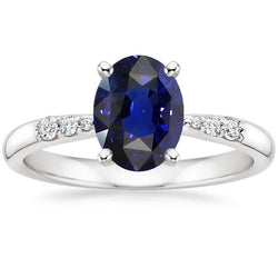 Bague Femme Or Blanc Saphir Bleu Ovale & Diamants Ronds 3.50 Carats