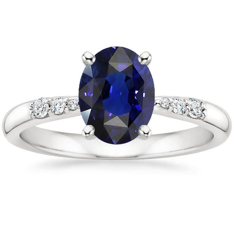 Bague Femme Or Blanc Saphir Bleu Ovale & Diamants Ronds 3.50 Carats - HarryChadEnt.FR