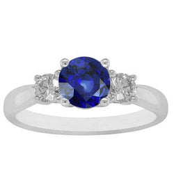Bague Femme Pierres Précieuses Diamants Ronds & Saphir Bleu 3 Pierres 2 Carats