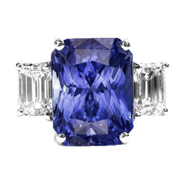 Bague Femme Radiant 3 Pierres Saphir Bleu 7 Carats Émeraude Diamants