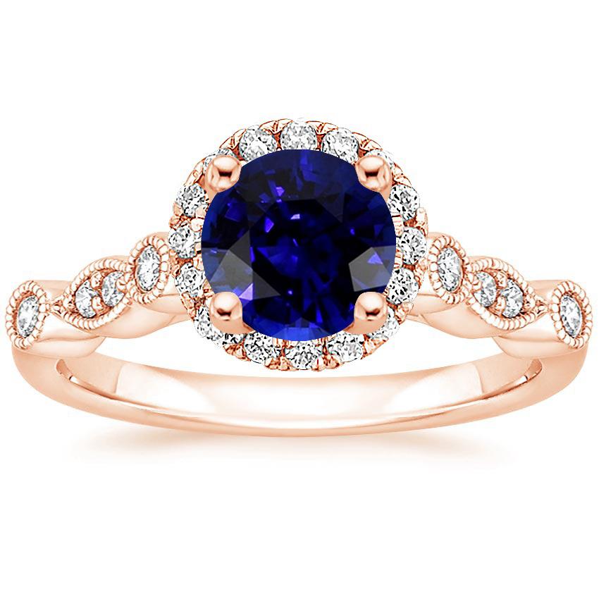 Bague Femme Saphir Bleu Rond & Diamants 4 Carats Millgrain Or Rose - HarryChadEnt.FR