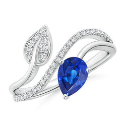 Bague Femme Toi et Moi Diamant Poire Saphir Bleu 4 Carats Style Feuille