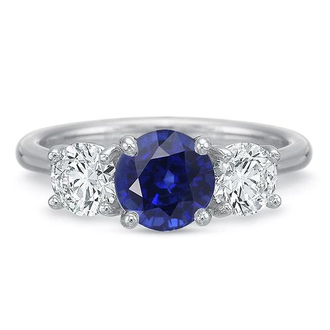 Bague Femme Trois Pierres Ronde Saphir Ceylan 2.50 Carats Diamants - HarryChadEnt.FR