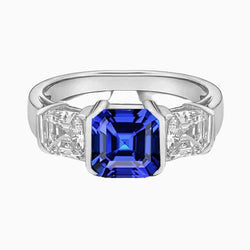 Bague Fiançailles 3 Pierres Diamant Asscher Saphir Sri Lankais 2 Carats