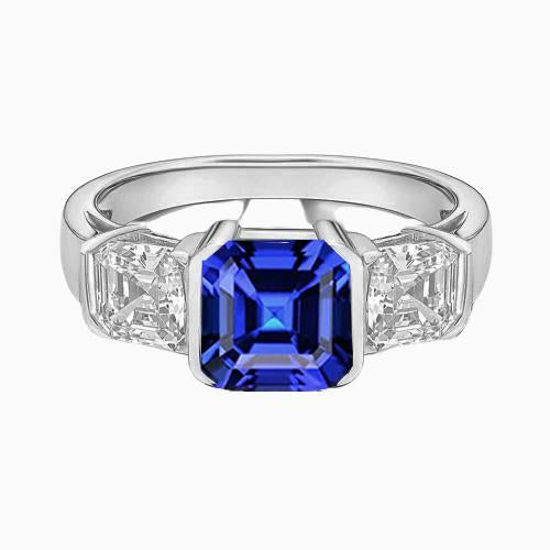 Bague Fiançailles 3 Pierres Diamant Asscher Saphir Sri Lankais 2 Carats - HarryChadEnt.FR