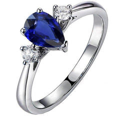 Bague Fiançailles 3 Pierres Saphir Bleu Poire & Diamants 2.50 Carats