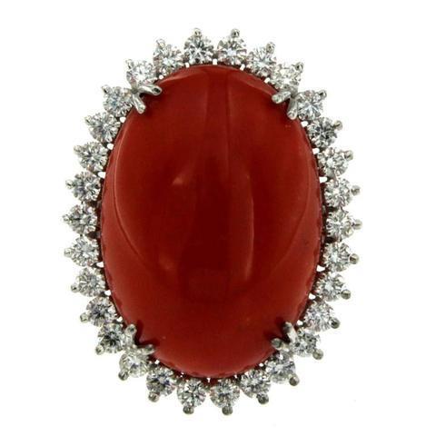 Bague Grand Corail Rouge Ovale Avec Petits Diamants Ronds 13 Ct Or Blanc 14K - HarryChadEnt.FR