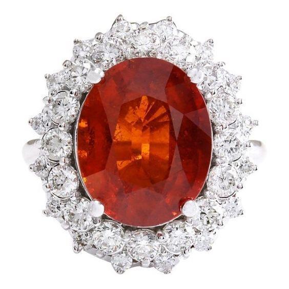 Bague Grenat Mandarin Naturel Avec Diamants 12.25 Ct Or Blanc 14K - HarryChadEnt.FR
