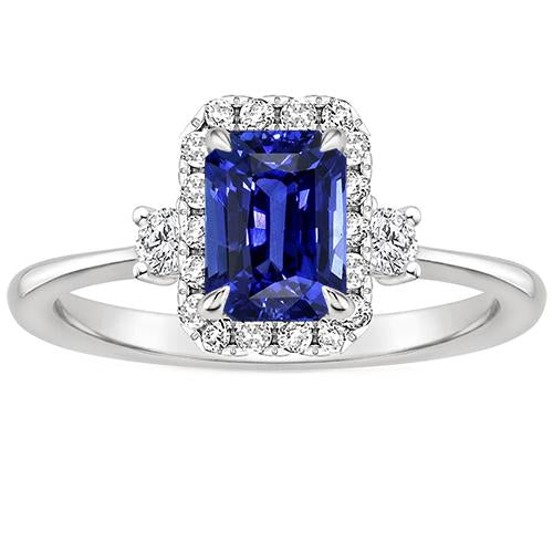 Bague Halo 3 Pierres Saphir Bleu Radiant & Diamant 4.50 Carats - HarryChadEnt.FR