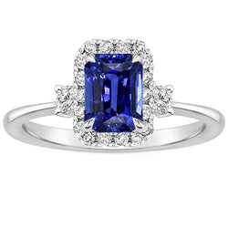 Bague Halo 3 Pierres Saphir Bleu Radiant & Diamant 4.50 Carats
