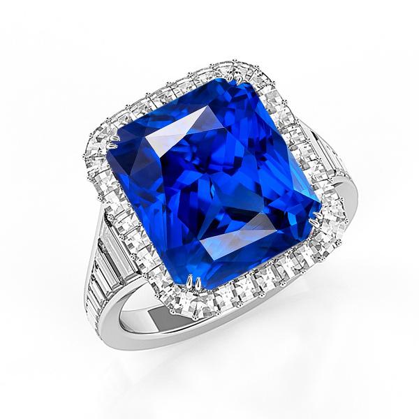 Bague Halo Ceylan Saphir Radiant 5 Carats Diamants Baguette - HarryChadEnt.FR