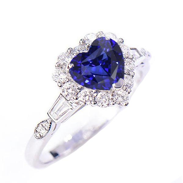 Bague Halo Coeur Saphir Bleu Avec Baguette & Diamants Ronds 3 Carats - HarryChadEnt.FR