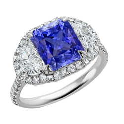 Bague Halo Coussin Saphir Avec Demi Lune & Diamant Rond 4.50 Carats