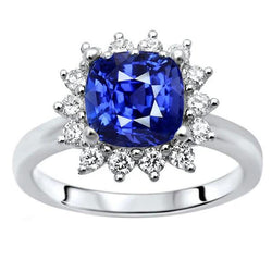 Bague Halo Coussin Saphir & Diamants Ronds Style Etoile 3.50 Carats